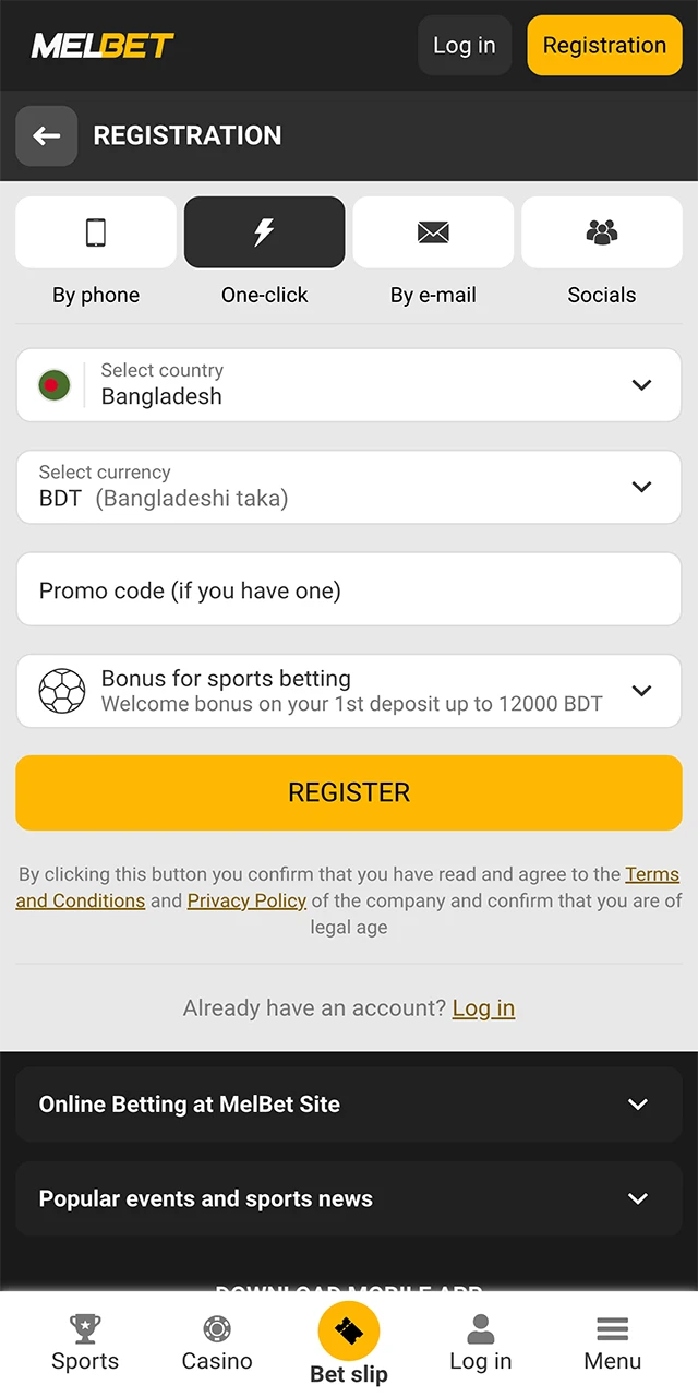 Use the one-click registration from Melbet Casino which will help you get into the game.