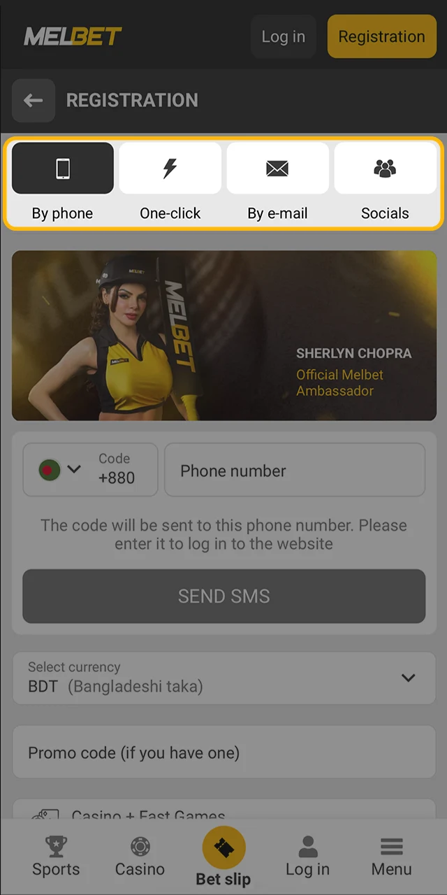 Start by simply choosing how you want to sign up for Melbet.