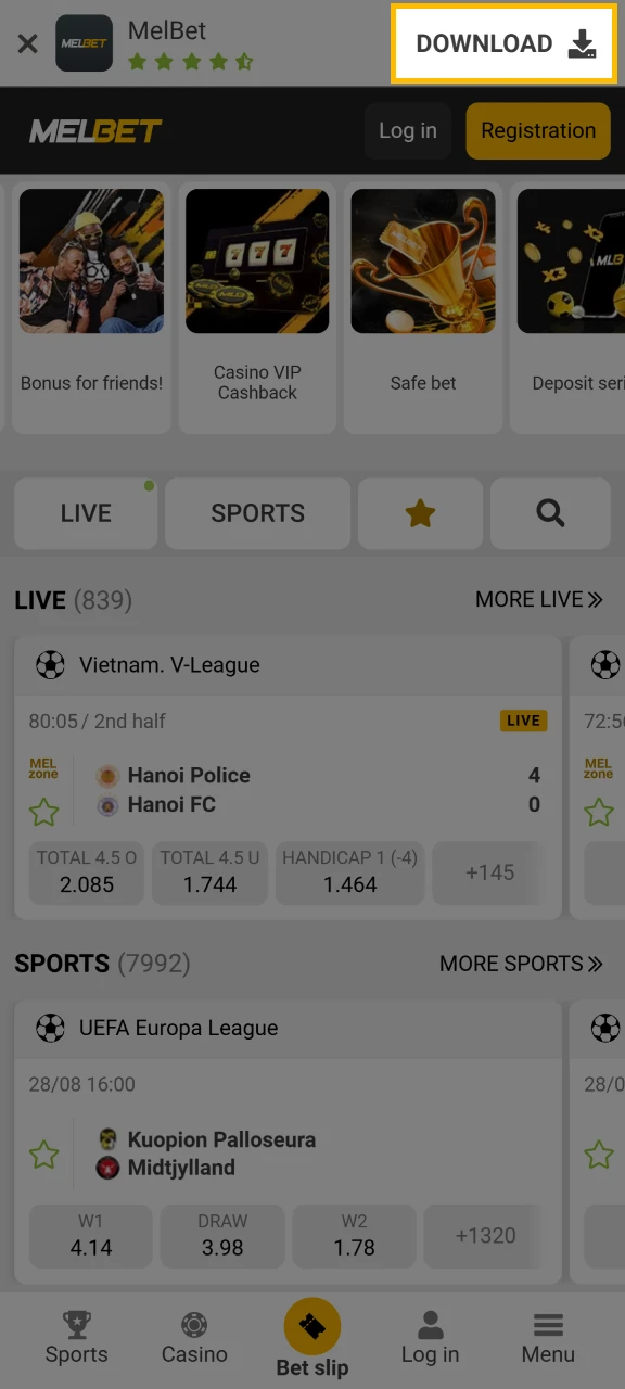 Find the Download button to get the Melbet app for iPhone.