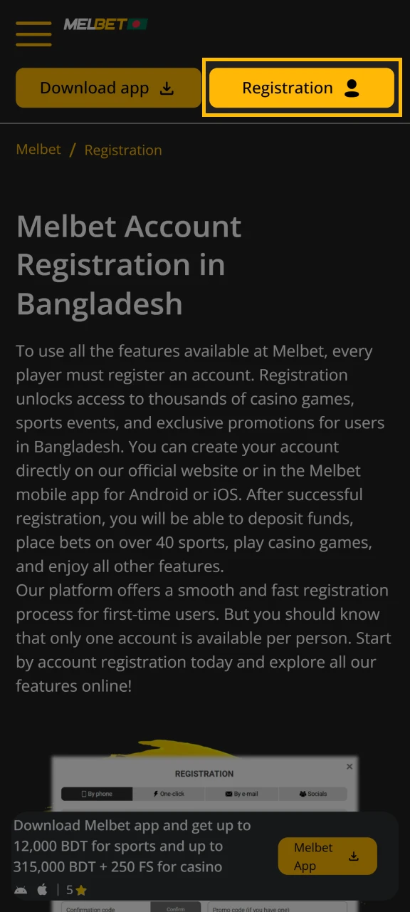 Click the Registration button to start Melbet registration process at Bangladesh.