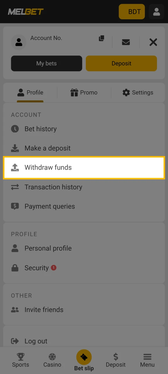 Select the Withdraw funds section on the Melbet platform.