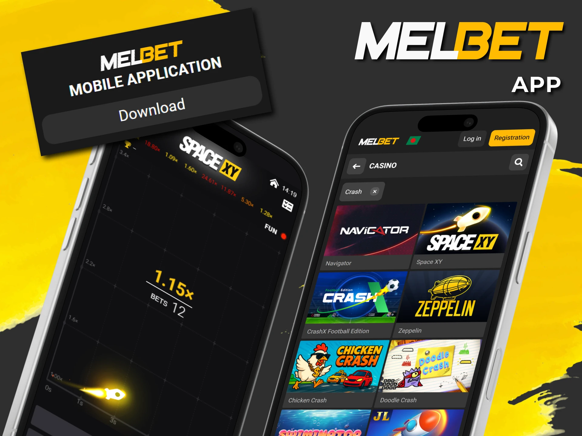 Download the official Melbet app to play crash games.