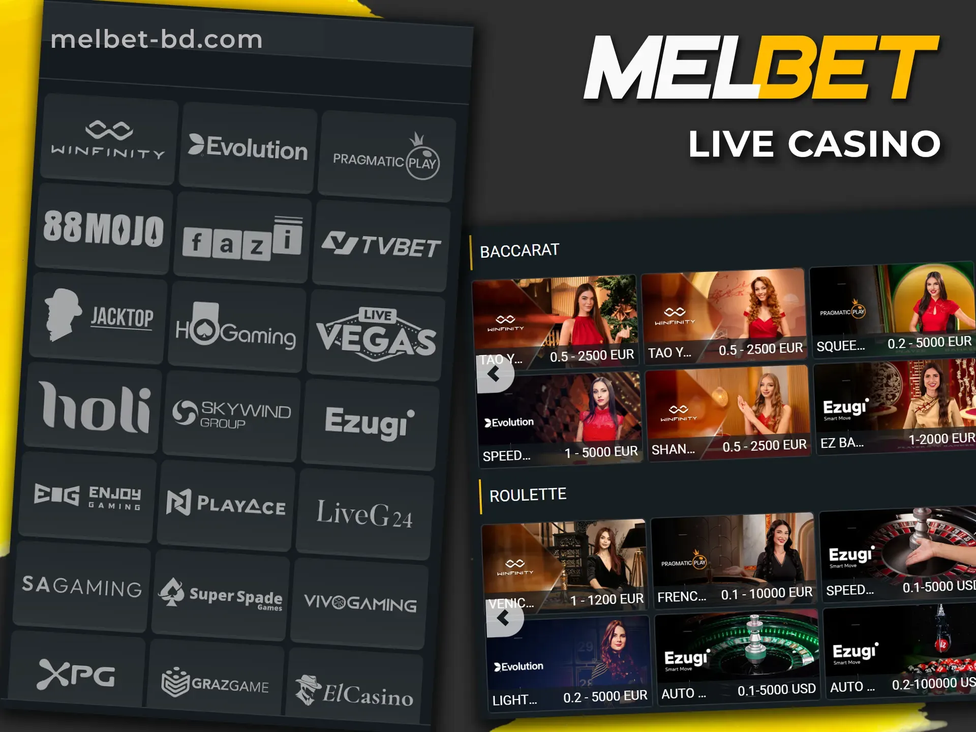 Play live casino with real dealers at Melbet.