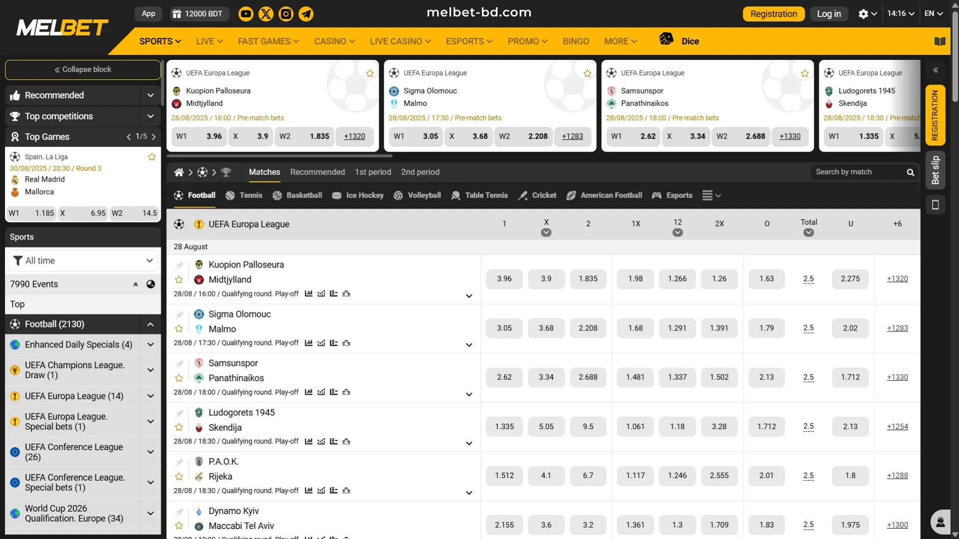Melbet BD offers a wide range of sports for betting.